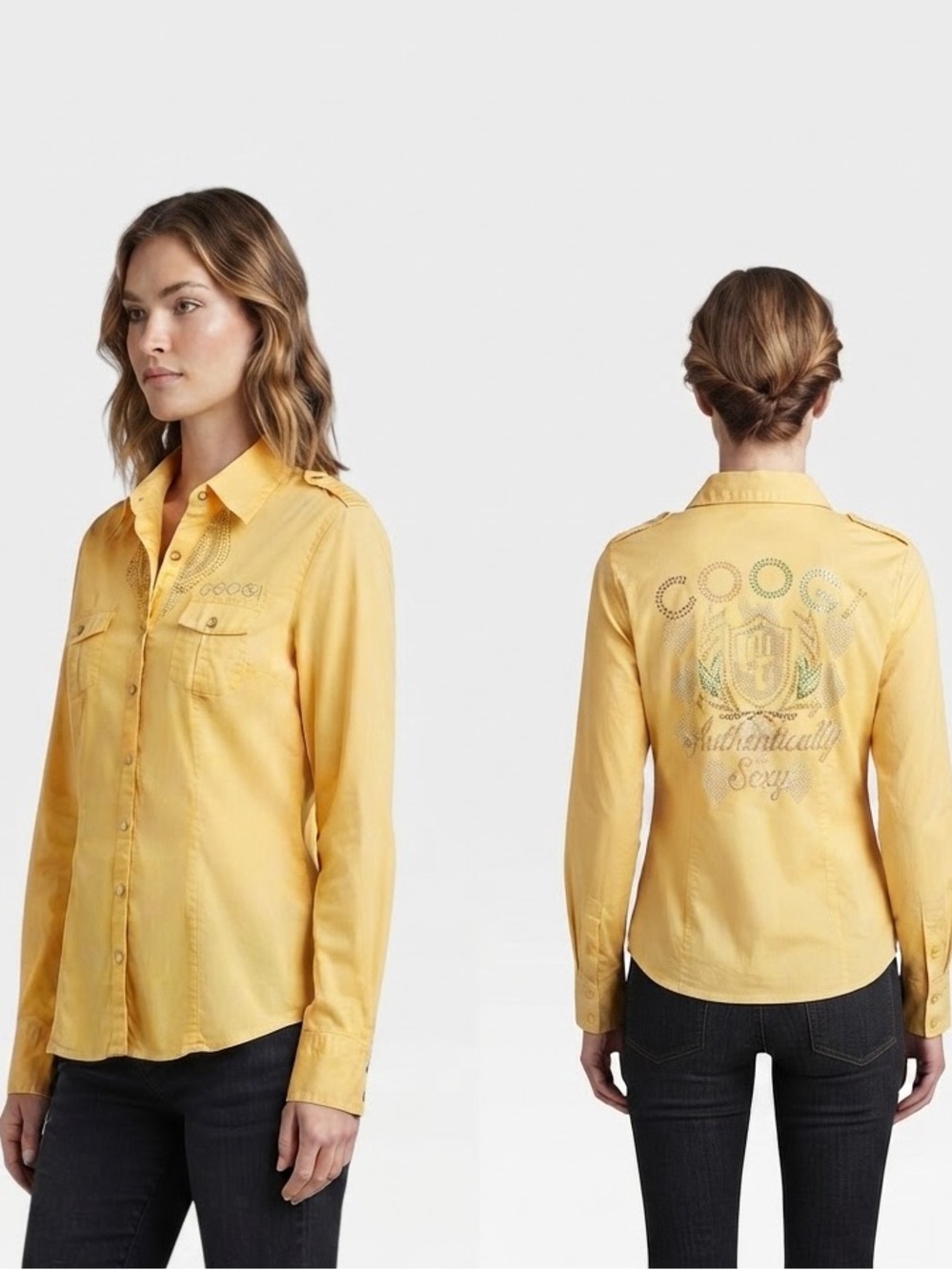 COOGI Yellow Rhinestone Logo Button-Down Long Sleeve Shirt Top Women's Size S